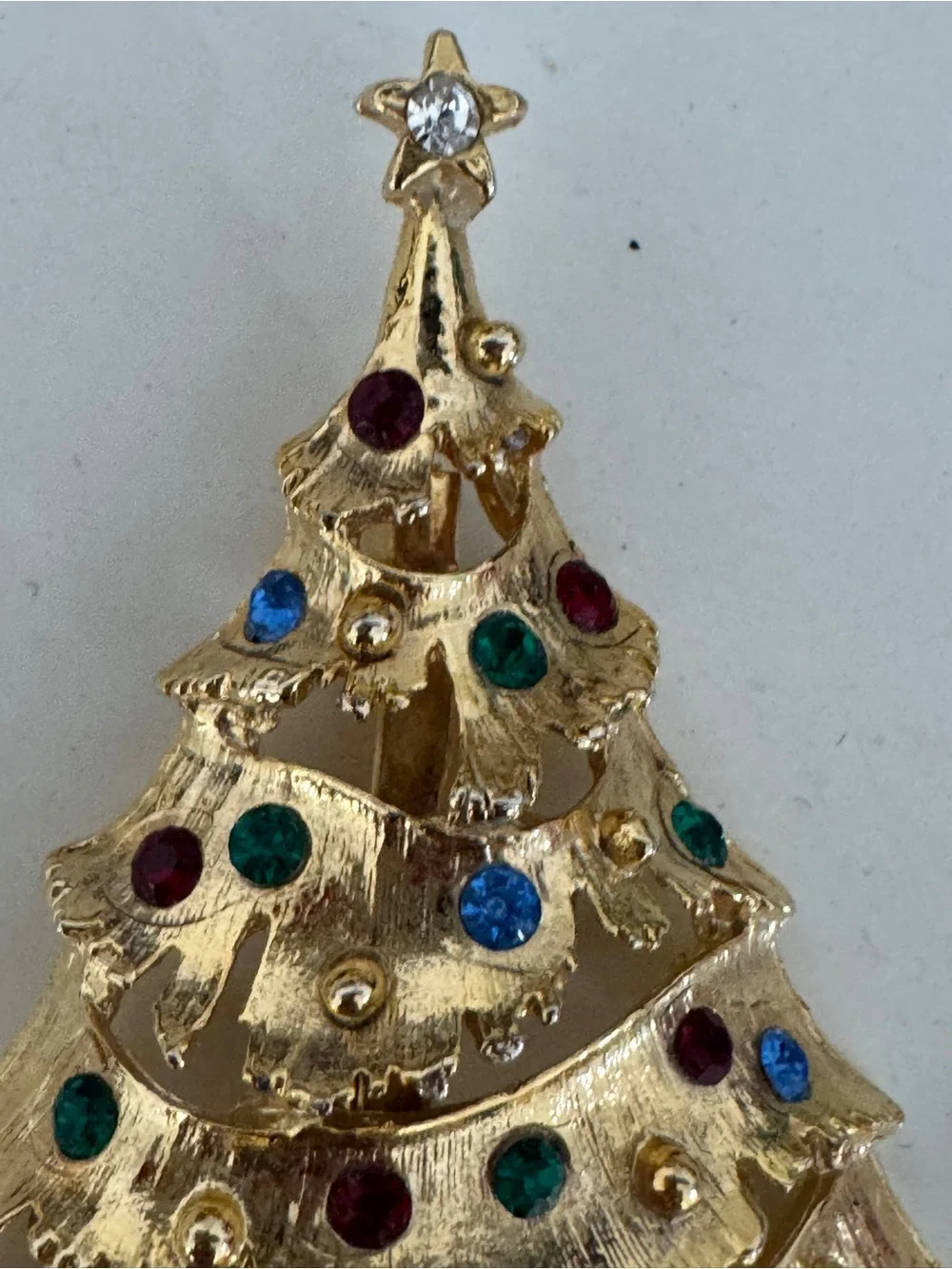 Vintage Gold Christmas Tree Brooch with Red, Green, and Blue Rhinestones